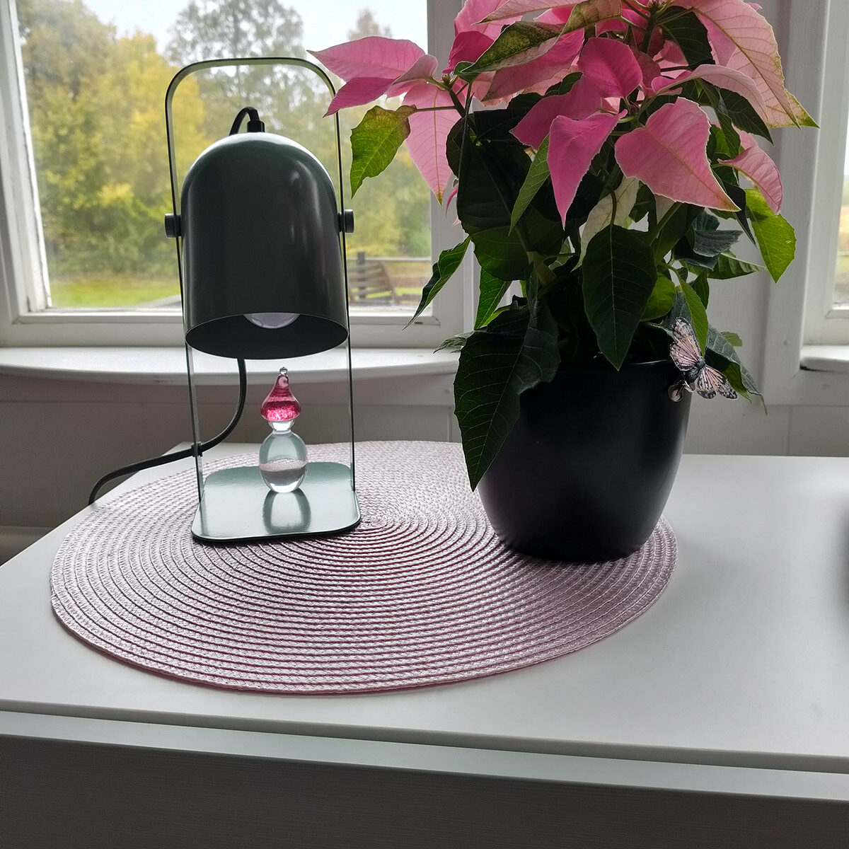 Stämningsfull bild på blomma o glastomte.